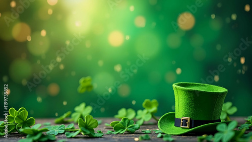 st patrick's day leprechaun hat and shamrock in green background with copy space for text