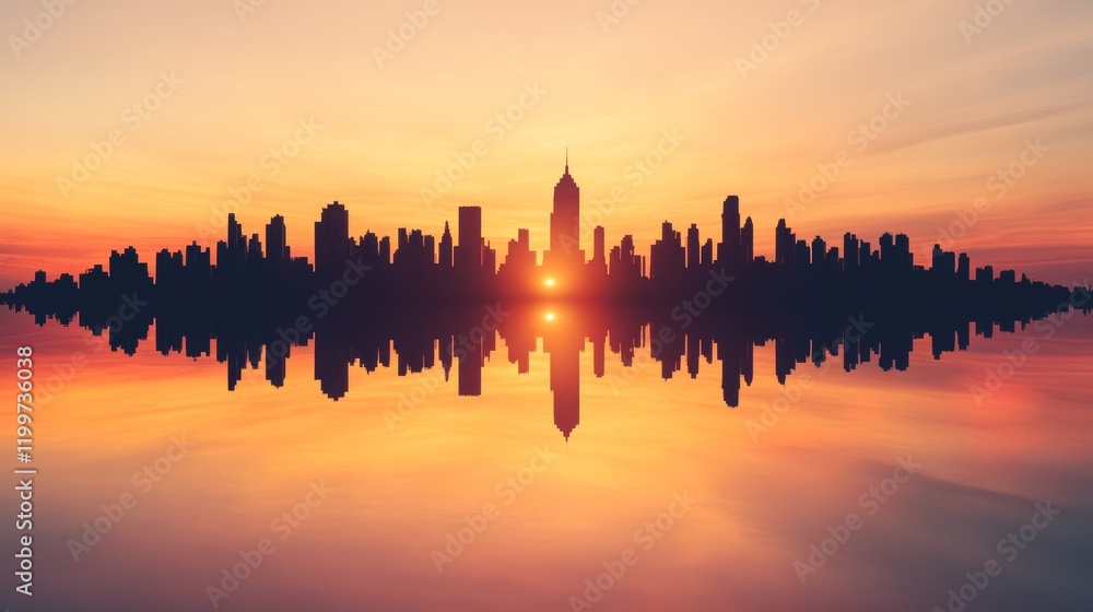 Fototapeta premium Silhouette of a city skyline reflected in calm water at sunset. Warm colors paint the sky as the sun sets behind the buildings.