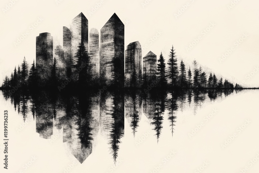 Fototapeta premium Mysterious city skyline reflected in a tranquil lake, surrounded by a dark forest. A monochrome dreamscape.