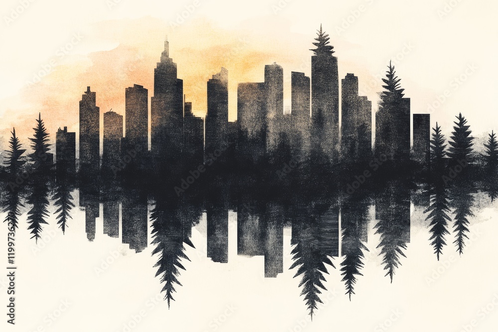 Obraz premium Silhouette of a city skyline reflected in a tranquil forest, creating a serene and artistic image. Dark silhouettes against a warm, watercolor-like sky.