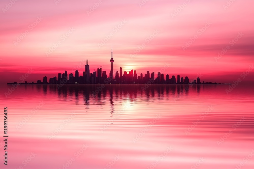 Obraz premium Silhouette of a city skyline at sunset, reflected in calm water. Pink and orange hues dominate the sky.