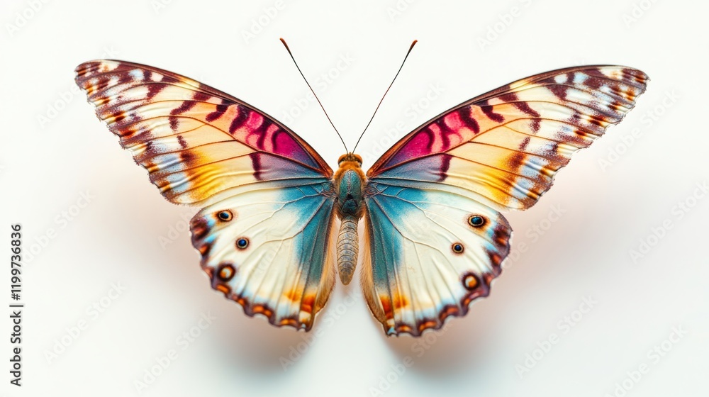 A delicate butterfly with its colorful wings spread wide, isolated on a pure white background, A delicate butterfly with its colorful wings spread wide, isolated on a pure white background,