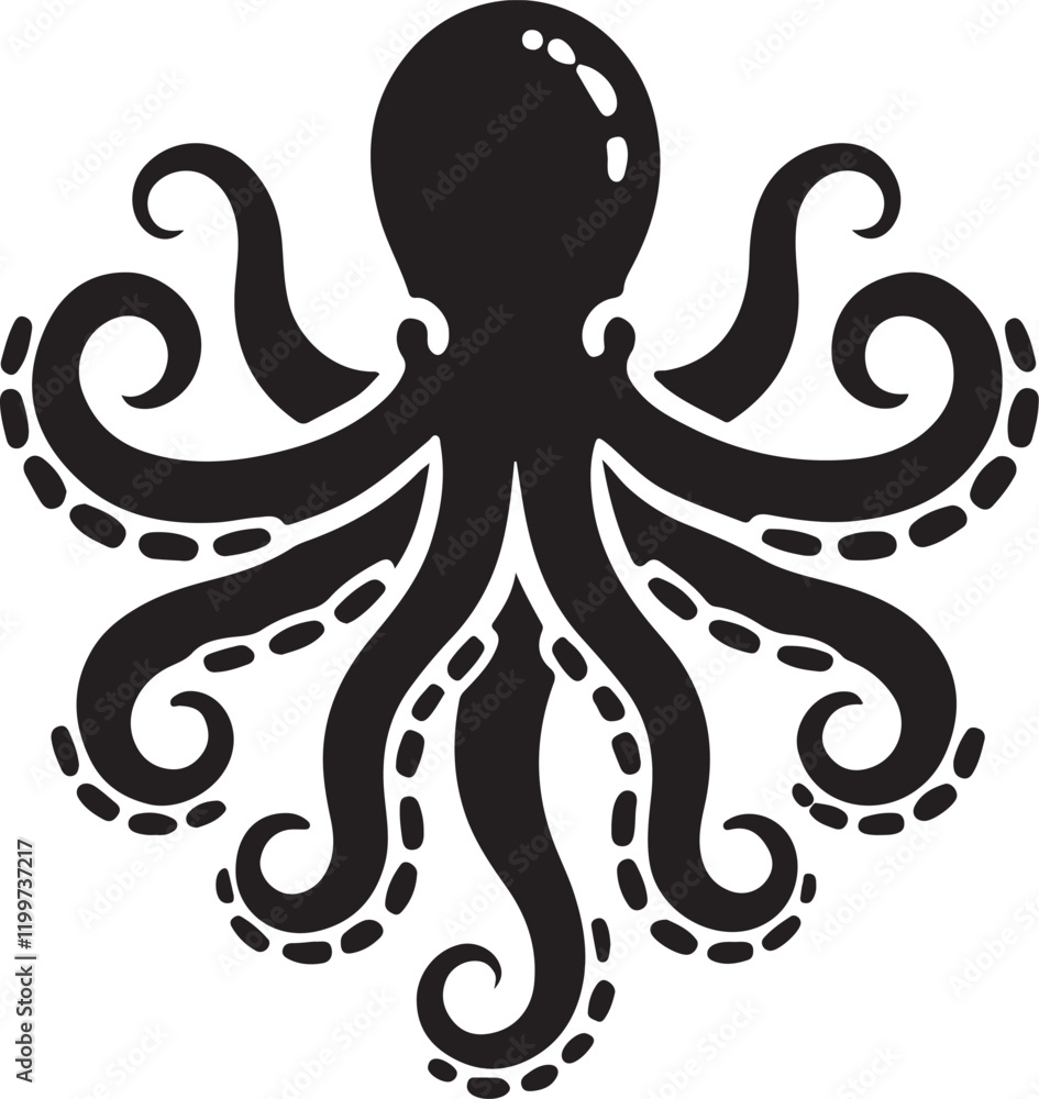 Silhouette vector illustration of a flat octopus art in black color with a white background Silhouette vector illustration of a flat octopus art in black color with a white background