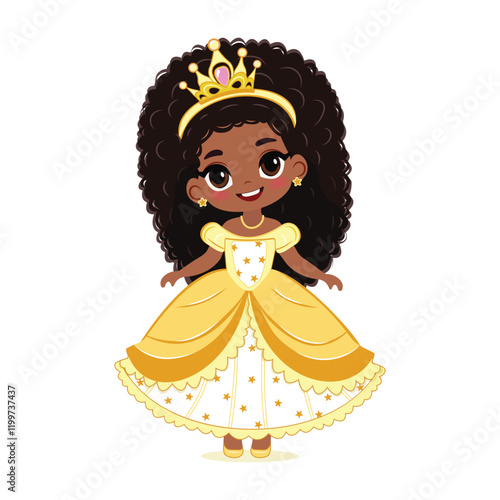 Cute little black princess with beautiful eyes in yellow dress and golden crown. Isolate on white background, Vector illustration in flat drawn cartoon style