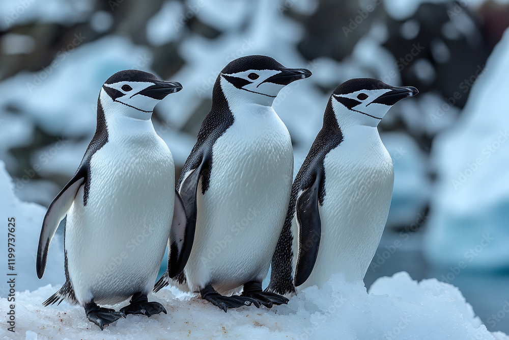 Obraz premium Group of chinstrap penguins staying in chick nursery in the snow ice in Antarctica.