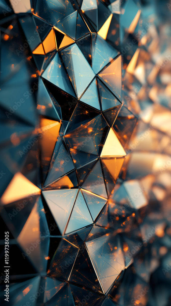 Geometric glass and gold triangles forming sleek, dimensional low-poly architectural design Geometric glass and gold triangles forming sleek, dimensional low-poly architectural design