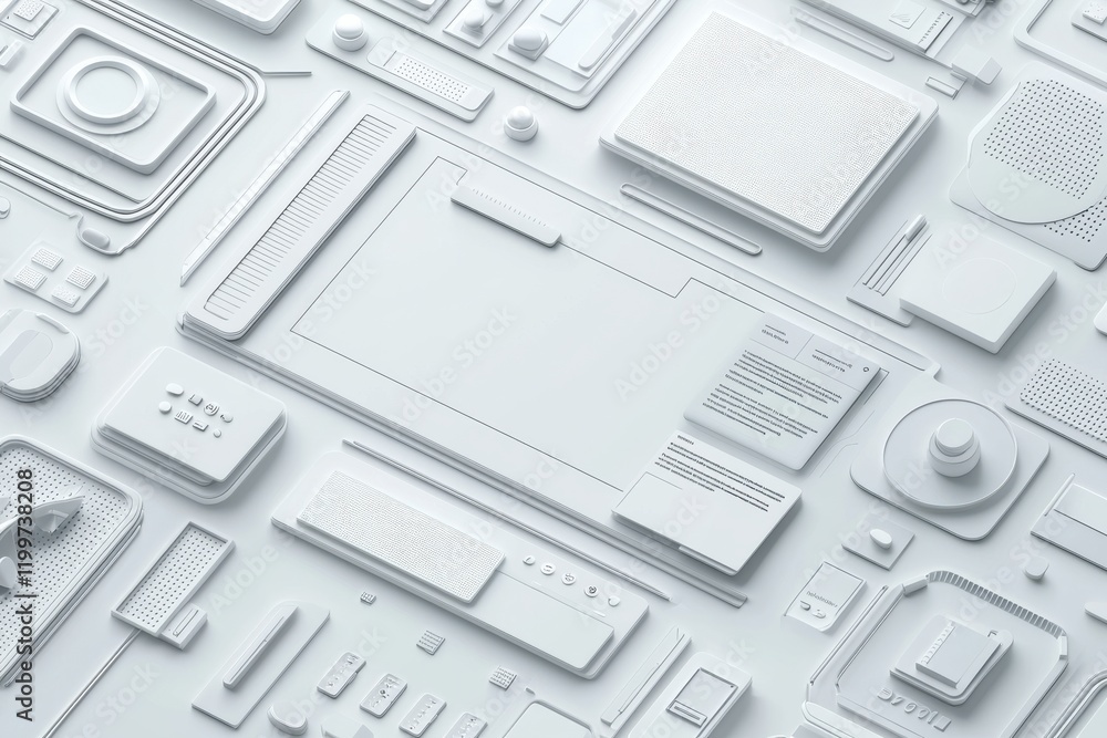 A white, textured surface featuring various geometric shapes resembling technology and design elements, creating a modern, minimalistic aesthetic. A white, textured surface featuring various geometric shapes resembling technology and design elements, creating a modern, minimalistic aesthetic.