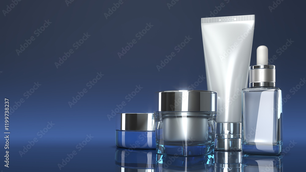 Set of realistic cosmetic packaging, cream jars and tube with silver lids. Design template for mockup. 3d illustration on blue gradient background Set of realistic cosmetic packaging, cream jars and tube with silver lids. Design template for mockup. 3d illustration on blue gradient background