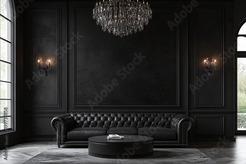 Fototapeta Naklejka Na Ścianę i Meble -  Empty black wall in modern living room. Mock up interior in classic style. Free space, copy space for your picture, text, or another design. 3D rendering. Black leather sofa.	