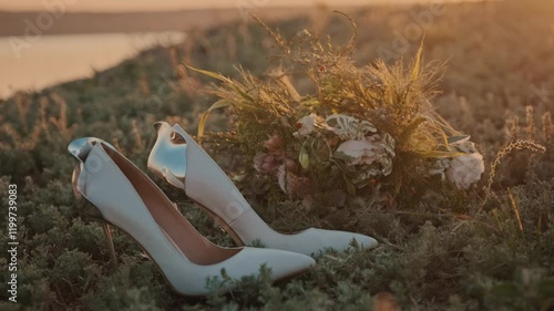 Wedding shoes and bridal bouquet on sunset background.
Beautiful bridal high-heeled white shoes and flowers by the sea, ocean, in nature. Floristic composition, stylish bridal set.