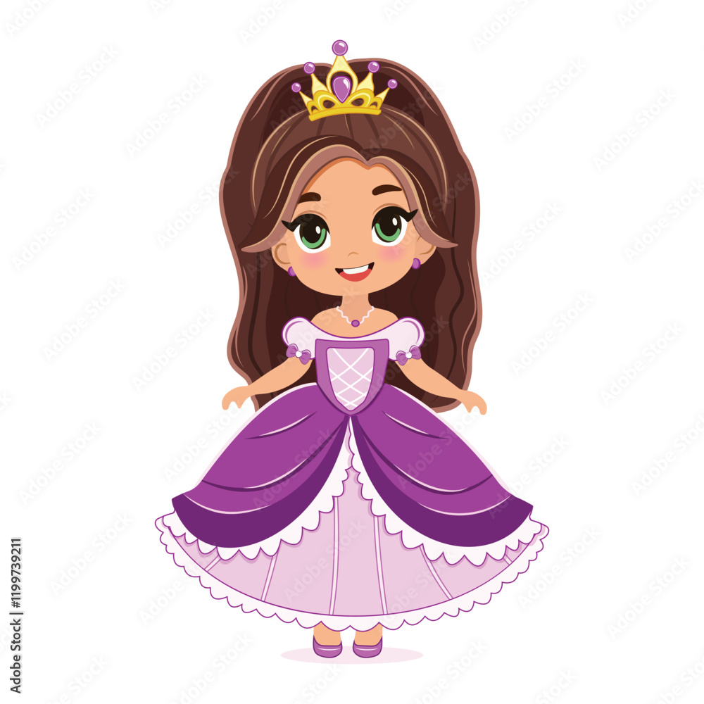 Fototapeta premium Cute little princess with beautiful eyes in dress and golden crown. Isolate on white background, Vector illustration in flat drawn cartoon style