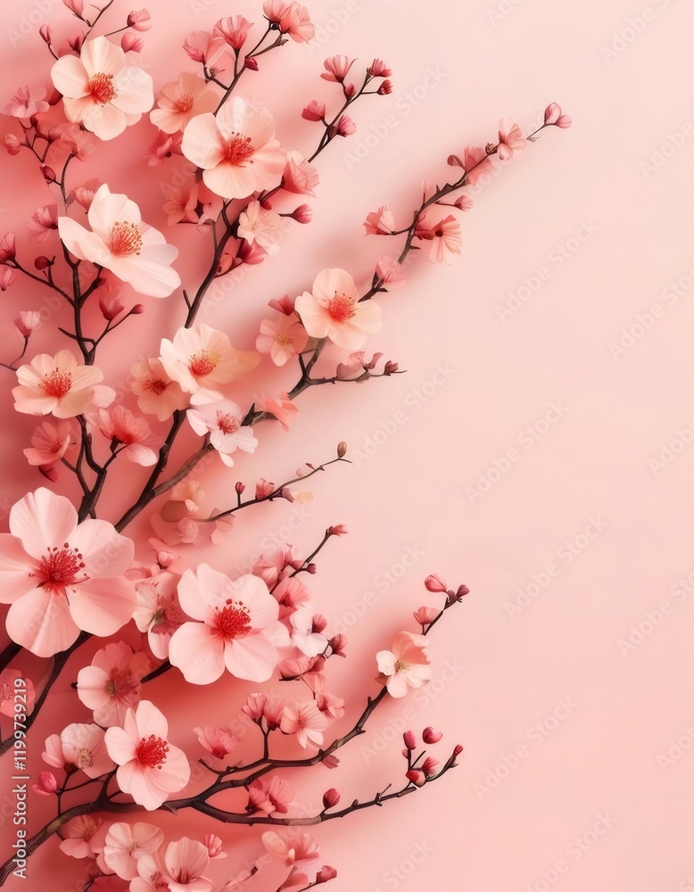 Pink blossoms, spring branch, pastel background, floral greeting card. Pink blossoms, spring branch, pastel background, floral greeting card.