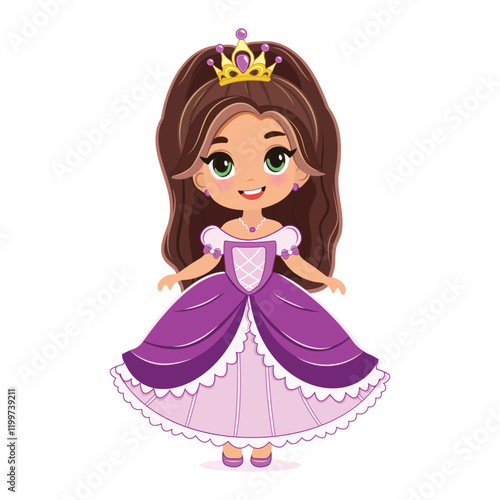 Cute little princess with beautiful eyes in dress and golden crown. Isolate on white background, Vector illustration in flat drawn cartoon style