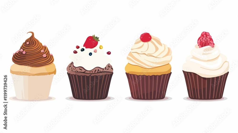 Delicious Assortment of Cream-topped Cupcakes in Modern Flat Style Delicious Assortment of Cream-topped Cupcakes in Modern Flat Style