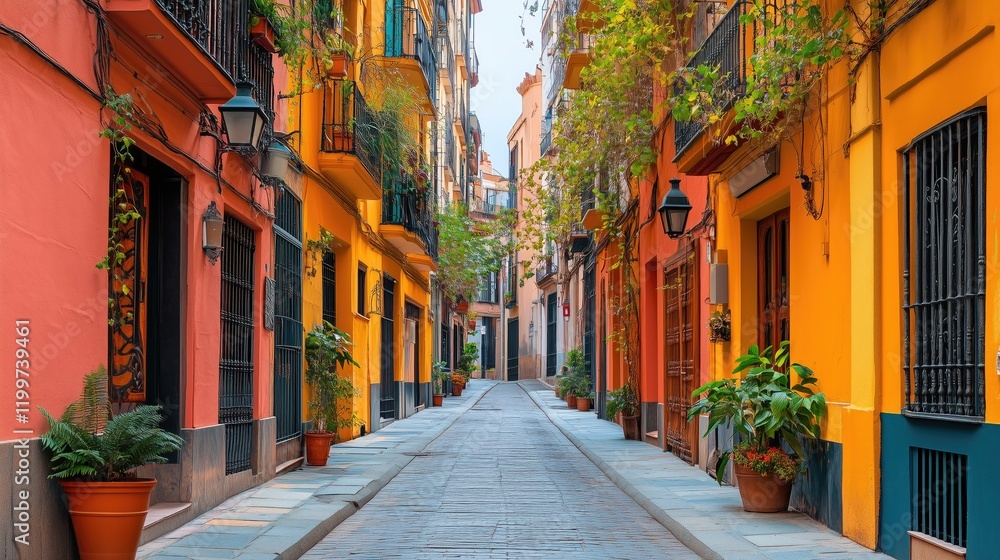 Fototapeta premium Narrow alleyway with colorful buildings and hanging plants - generated AI