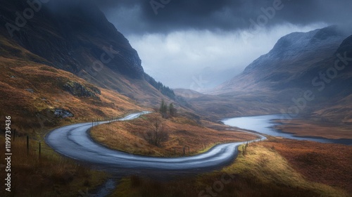 Winding Road Through Misty Scottish Highlands