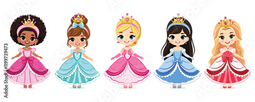 Set of different nationalities cute little princess with beautiful eyes and golden crown. Isolate on white background, Vector illustration in flat drawn cartoon style