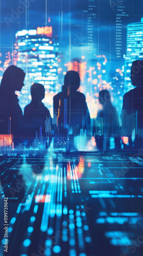 Businesspeople silhouettes looking at holographic futuristic financial charts and big data lines with a smart city in the background