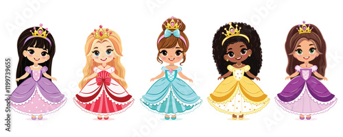 Set of different nationalities cute little princess with beautiful eyes and golden crown. Isolate on white background, Vector illustration in flat drawn cartoon style