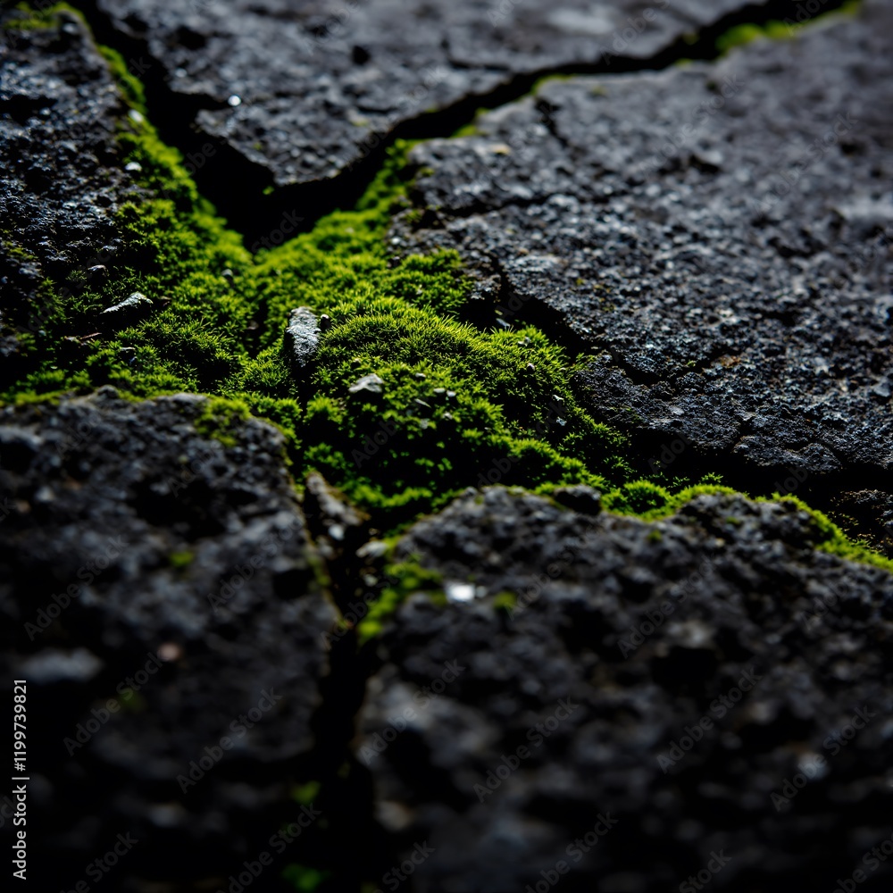 Green Moss Growing Through Cracks in Dark Concrete Surface Texture Green Moss Growing Through Cracks in Dark Concrete Surface Texture