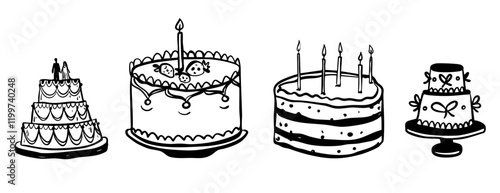 Wedding birthday party pastry cake event greeting with candles, cream, decoration hand drawn doodle sketch.