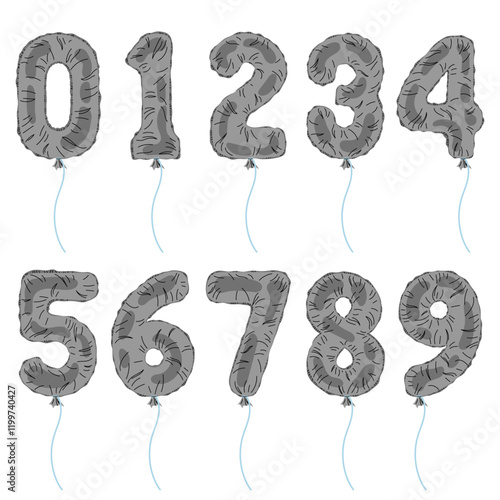 Silver numbers 0-9. Balloons for party, birthday or anniversary. Vector cartoon numbers set isolated on a white background.