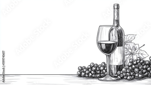 illustration of wine bottle and glass of wine with grapes, in black. Simple line drawing of a glass of wine and a bottle of wine.