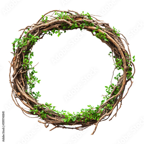 Circular frame border wreath intertwined roots green creeper leaves isolated on transparent background