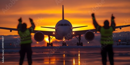 An airplane is preparing for takeoff at sunset, with ground crew signaling the flight. Concept Airplane Takeoff, Sunset Sky, Ground Crew Signals, Aviation Safety, Pre-flight Preparations photo