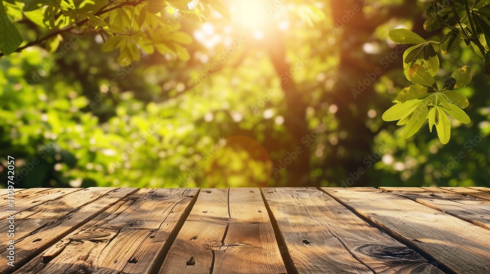 Rustic wooden table, sunlit forest background, spring foliage, product display Rustic wooden table, sunlit forest background, spring foliage, product display
