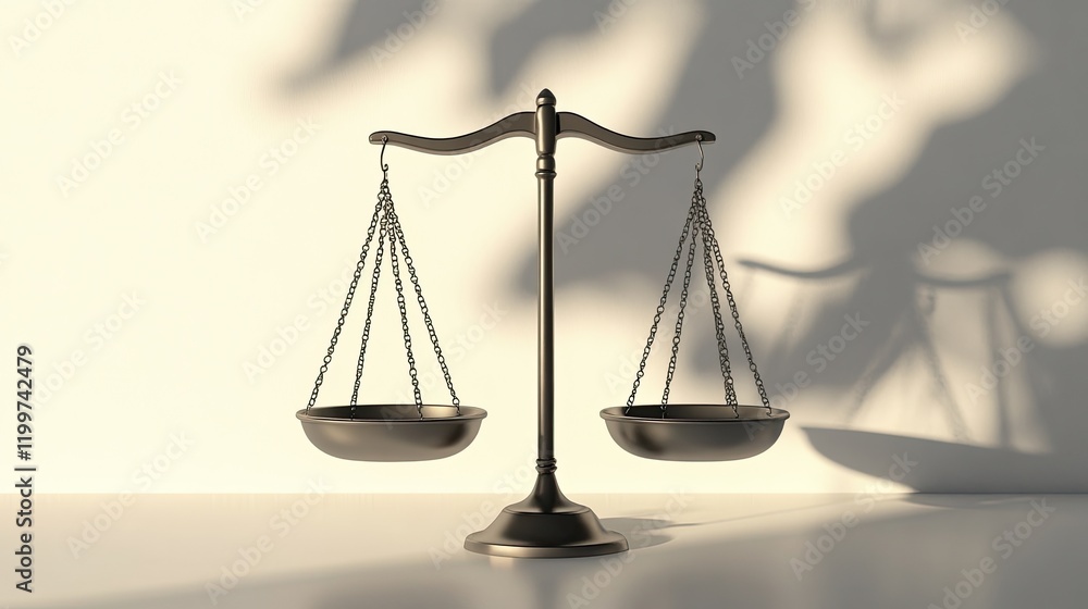 minimalist balance scale illustration in bold lines placed on smooth white surface with faint shadows