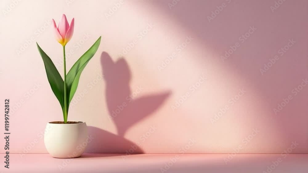 Scene of a flower in a pot with a pink wall background, copy text area, shadow overlay effect, smooth repeating motion for background video animation. Scene of a flower in a pot with a pink wall background, copy text area, shadow overlay effect, smooth repeating motion for background video animation.