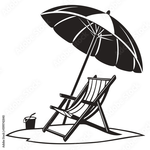 Beach Chair With Umbrella Black Vector Silhouette illustration isolated on a transparent background