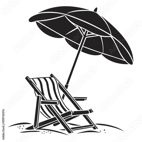 Minimalist Beach Chair with Umbrella Black Vector Illustration  Isolated  on transparent background