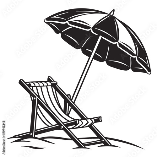 Beach Chair With Umbrella Black Vector Silhouette illustration isolated on a transparent background