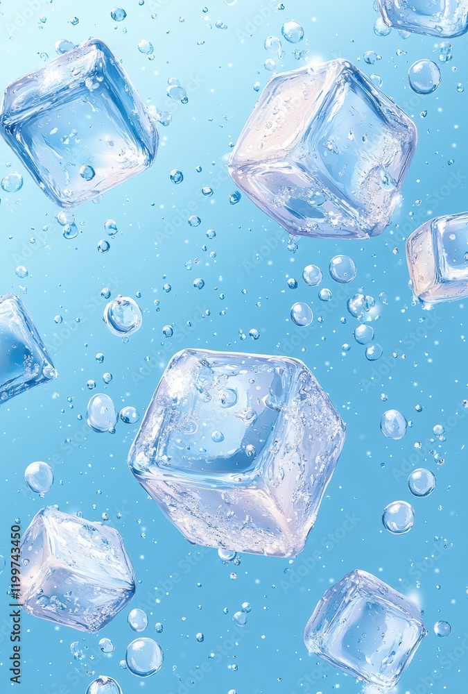 Transparent ice cubes floating in a clear blue background with bubbles, creating a refreshing and cool atmosphere for summer drinks and beverages photography Transparent ice cubes floating in a clear blue background with bubbles, creating a refreshing and cool atmosphere for summer drinks and beverages photography