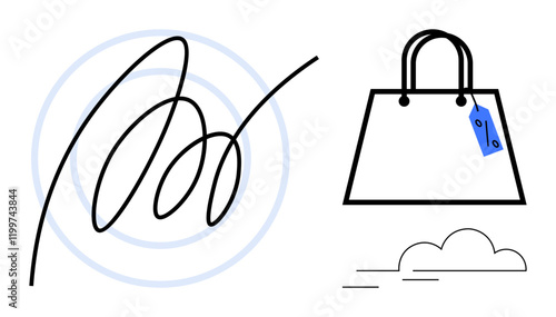 Shopping bag with blue price tag, black curvy digital signature, blue circular lines, and abstract cloud. Ideal for online shopping, e-commerce, digital transactions, retail, discounts marketplace
