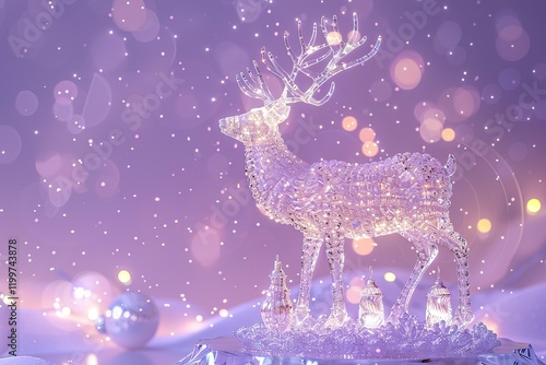 Holy light, crystal white deer, very detailed 3d animation,super clear, transparent, focusing light, optics, realism, Crochet Christmas bell ornamentsred podium, pale violet background  photo