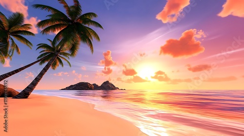Serene Sunset Over Tropical Beach with Palm Trees and Calm Ocean