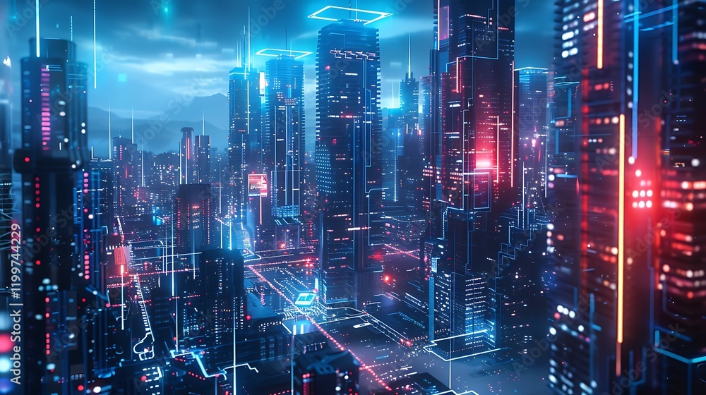 Fototapeta premium Digital cityscape with glowing lights and reflections, showcasing modern urban architecture 