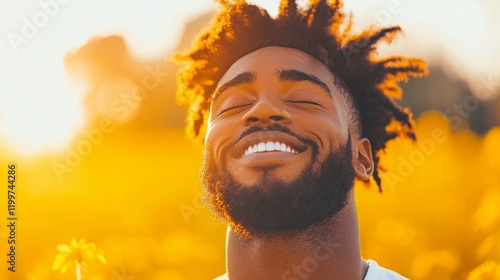 Wallpaper Mural Joyful Black man with dreadlocks smiles in a sunlit field of yellow flowers. Warm, happy vibes! Torontodigital.ca