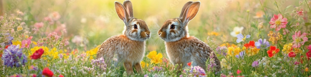 pair of rabbits in field surrounded by vibrant spring flowers pair of rabbits in field surrounded by vibrant spring flowers