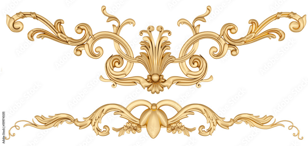 Fototapeta premium Gold ornament on transparent background, cut out, 3D render 