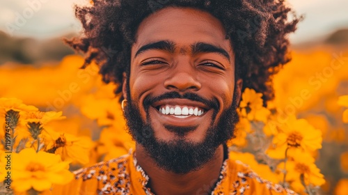 Wallpaper Mural A young Black man smiles brightly amidst a field of vibrant yellow flowers.  Joyful and radiant. Torontodigital.ca