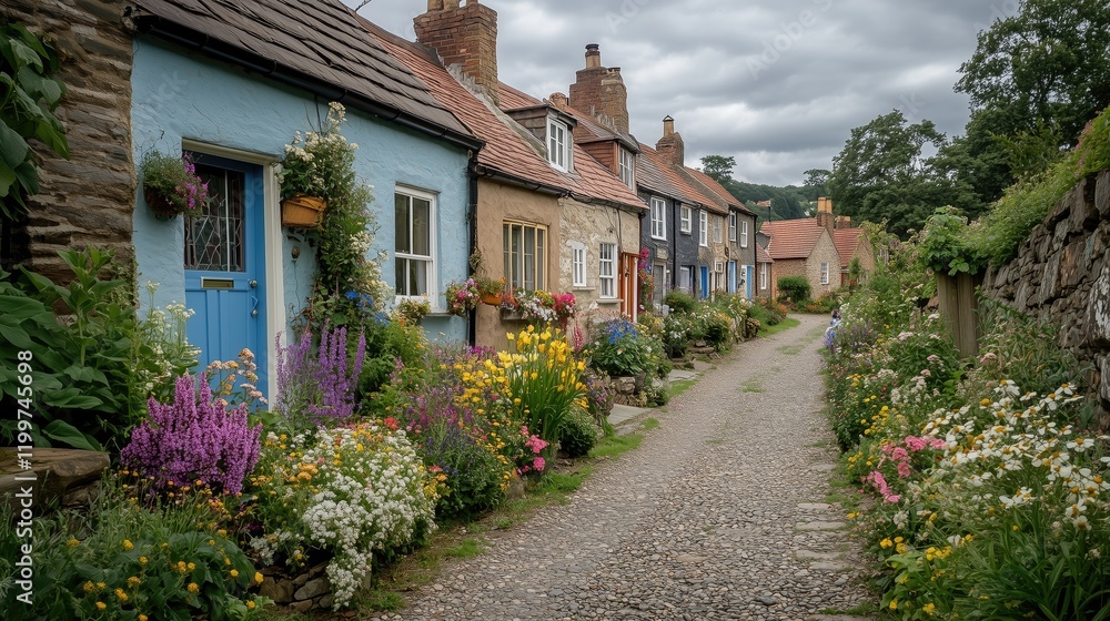 Obraz premium Row of houses with front gardens and flowers - generated AI