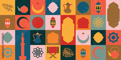 A collection of flat icons representing Muslim culture in a minimalist design style. Each icon is crafted with clean lines and a harmonious color palette