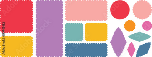 Color rectangle frames with wiggly borders. Rectangle shape frame with zigzag edge. Geometric shapes with scallop and zigzag edges set. Silhouette stickers circle, square, oval and rectangle labels.