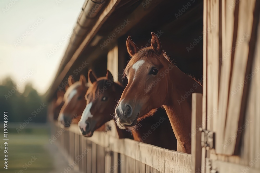 Fototapeta premium Four horses peek out from a rustic barn, illuminated by soft sunlight, showcasing their curiosity and friendly demeanor.