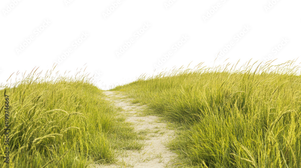Fototapeta premium A tranquil pathway cutting through lush green grass, inviting exploration and serenity. Perfect for nature-themed projects and outdoor imagery.