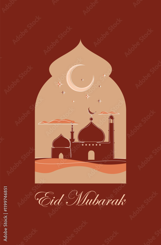 Simple and modern Ramadan poster featuring a flat-design mosque with a crescent moon and stars. The illustration uses a minimal color palette, creating a clean and serene look. Simple and modern Ramadan poster featuring a flat-design mosque with a crescent moon and stars. The illustration uses a minimal color palette, creating a clean and serene look.